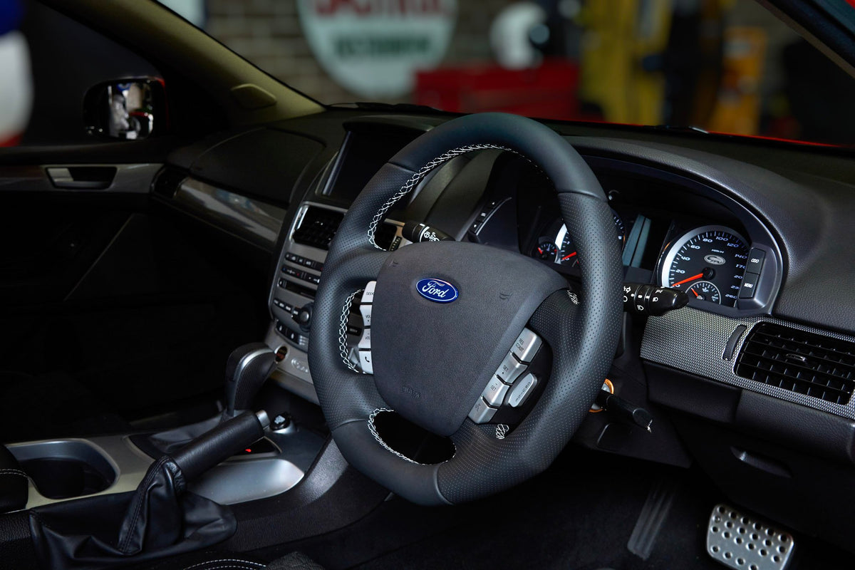 Retro Ford/FPV FG Falcon Steering Wheel – Black Leather Flat Bottom