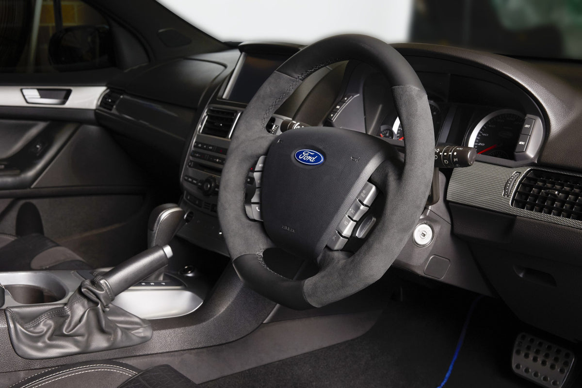 Retro Ford/FPV FG Falcon Steering Wheel – Black Leather Alcantara Flat Bottom
