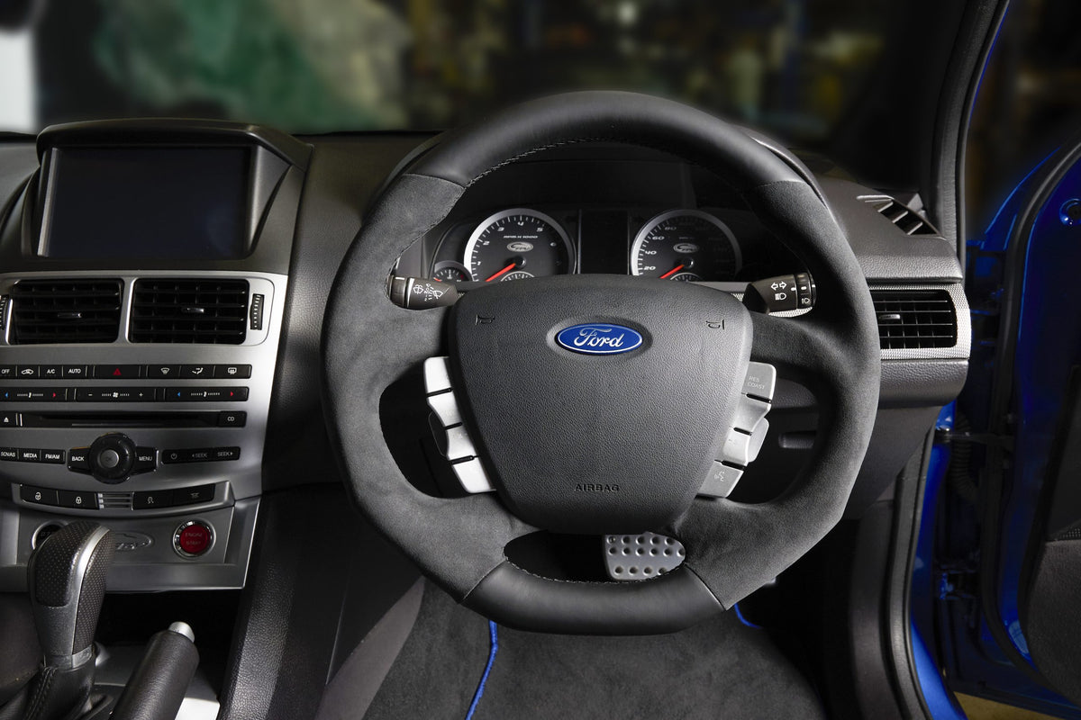 Retro Ford/FPV FG Falcon Steering Wheel – Black Leather Alcantara Flat Bottom