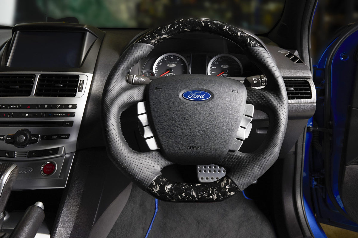 Retro Ford/FPV FG Falcon Steering Wheel – Black Leather Forged Carbon Fibre Flat Bottom